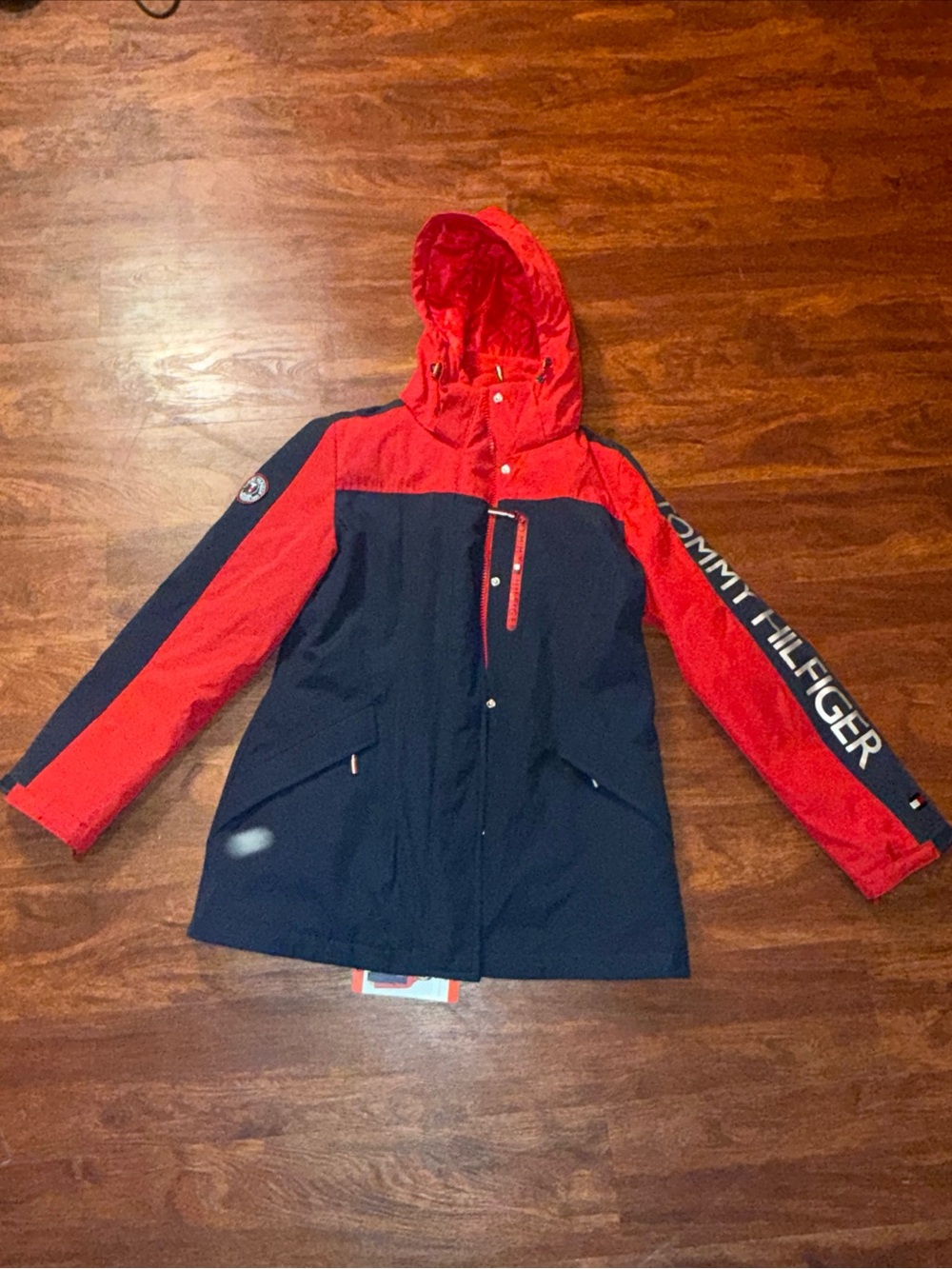 Tommy Hilfiger Red and Navy Colorblock Hooded Parka